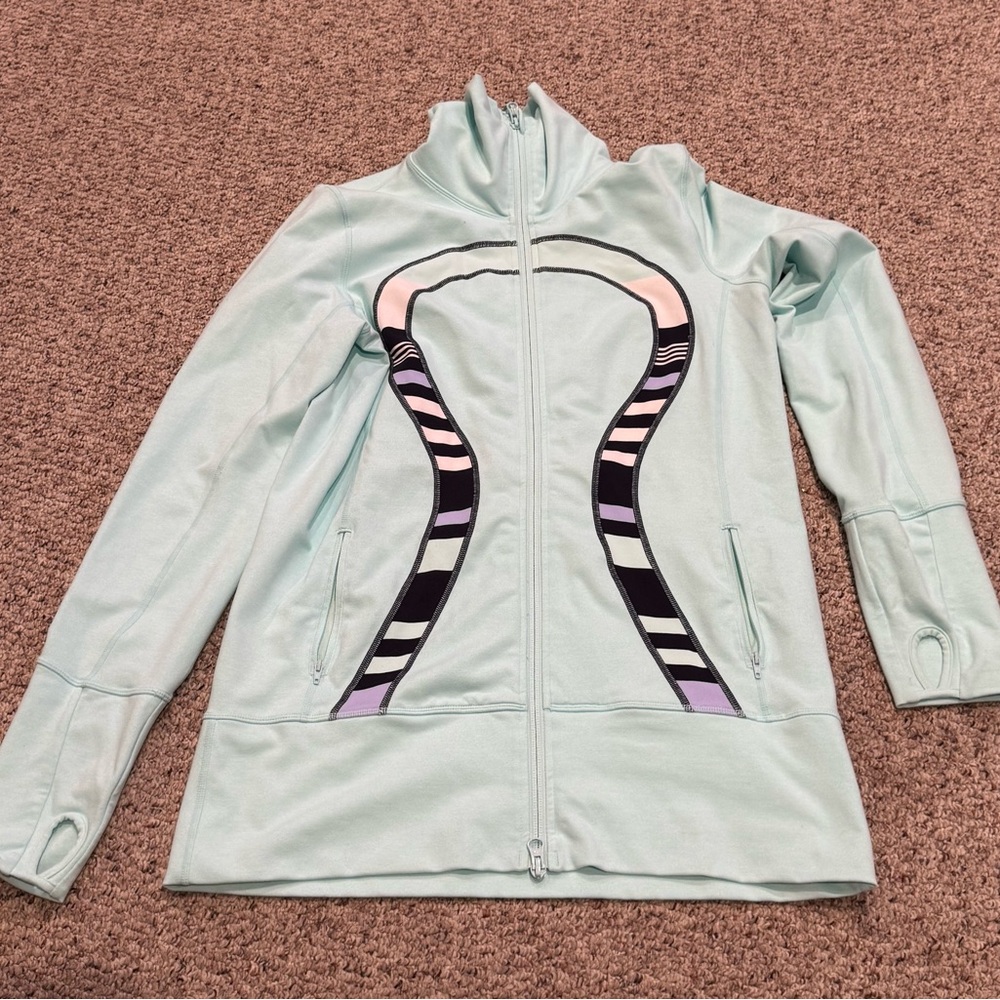 Lululemon Women's Light Blue Jacket with Striped Logo